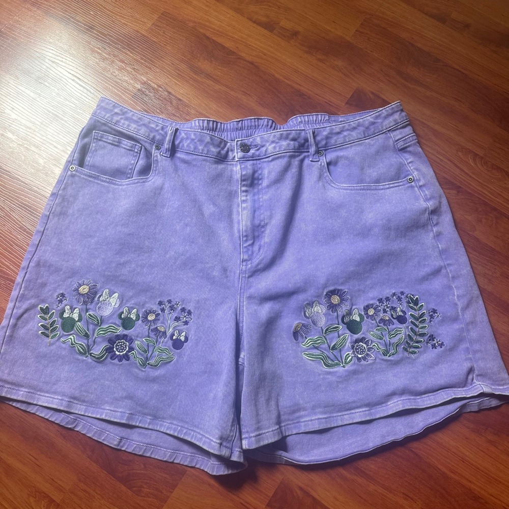 Disney Her Universe Lavender Denim Shorts Mickey Floral Embroidered Cottagecore